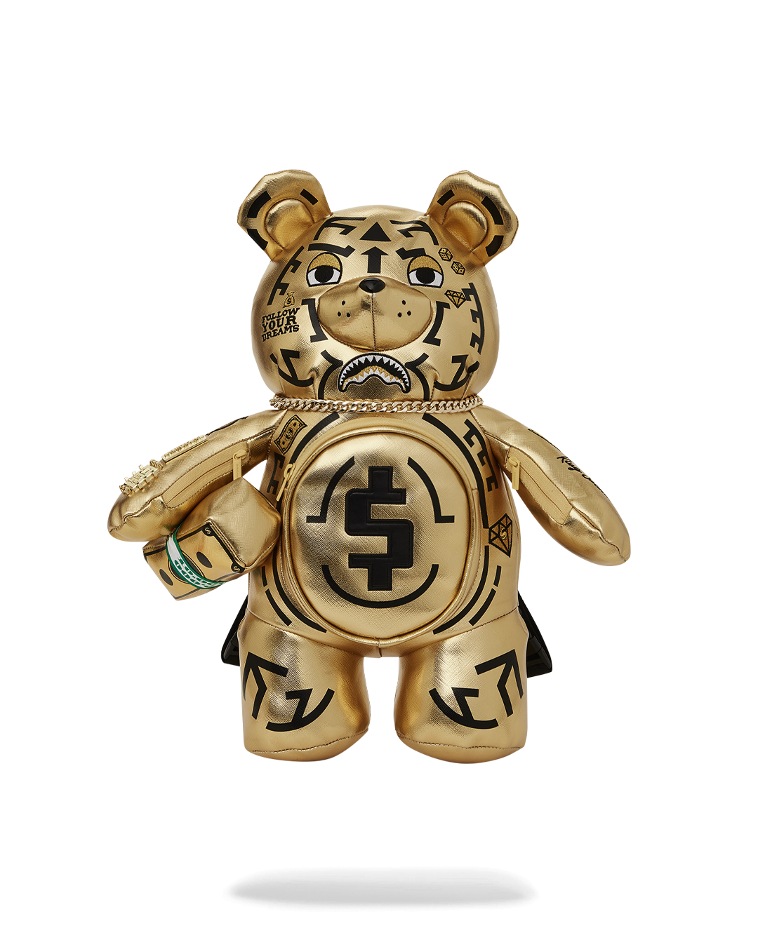 Front view of Sprayground teddy bear backpack with gold embroidery