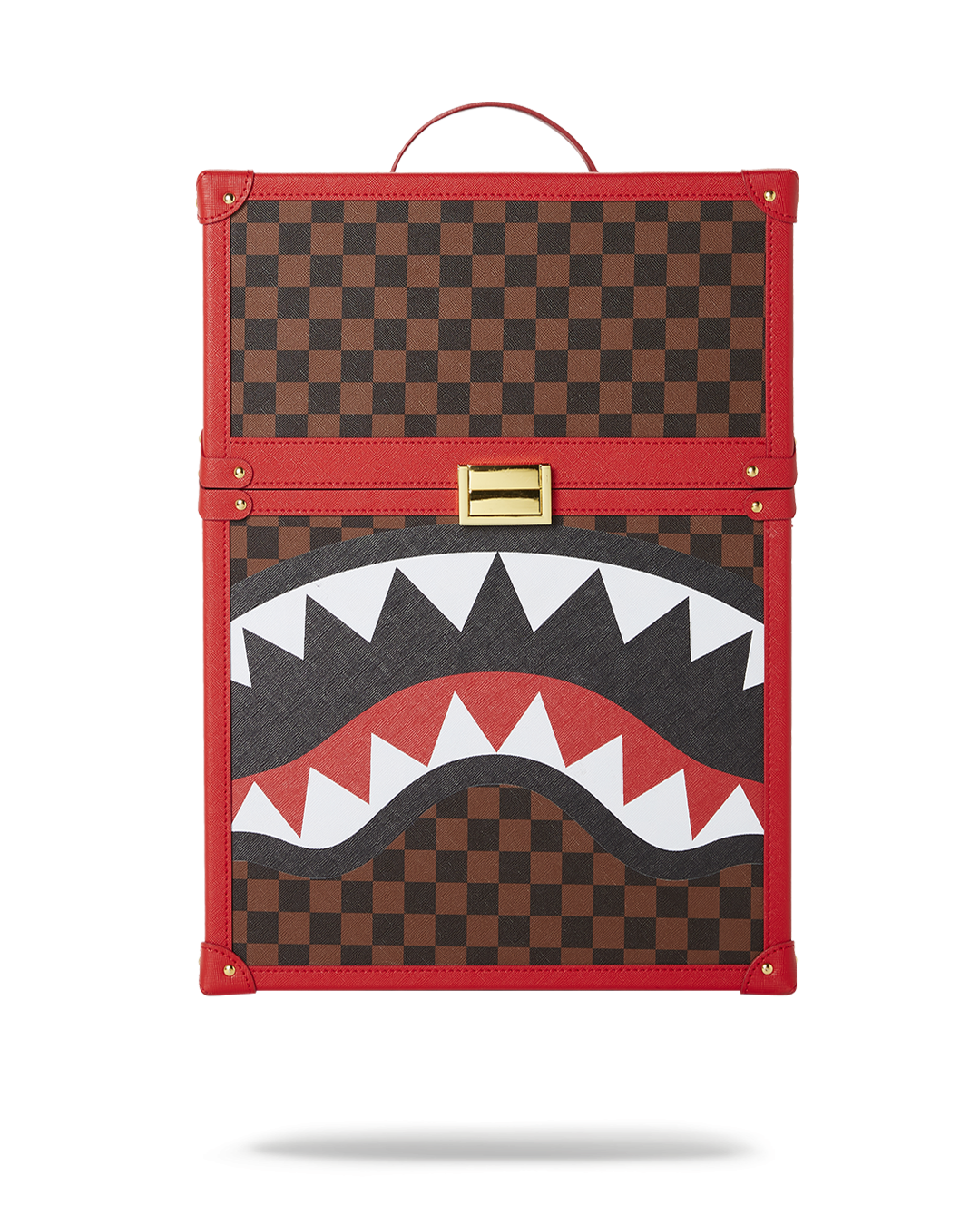 Side view of Chaturanga Shark backpack showcasing checkered pattern and gold zippers