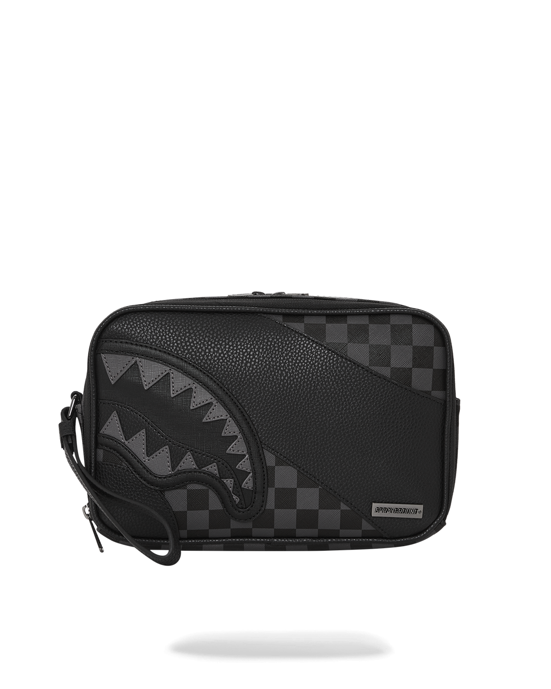 Close-up of the faux leather travel toiletry bag with adjustable strap