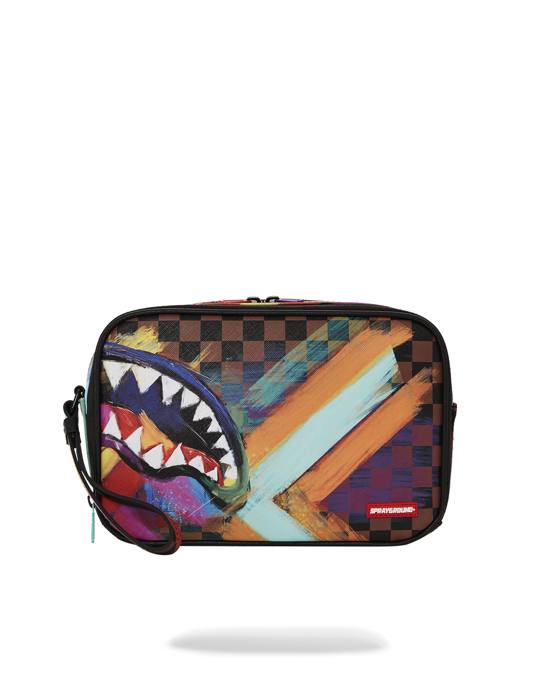 Close-up of Sharks in Paris toiletry bag zipper and faux leather texture
