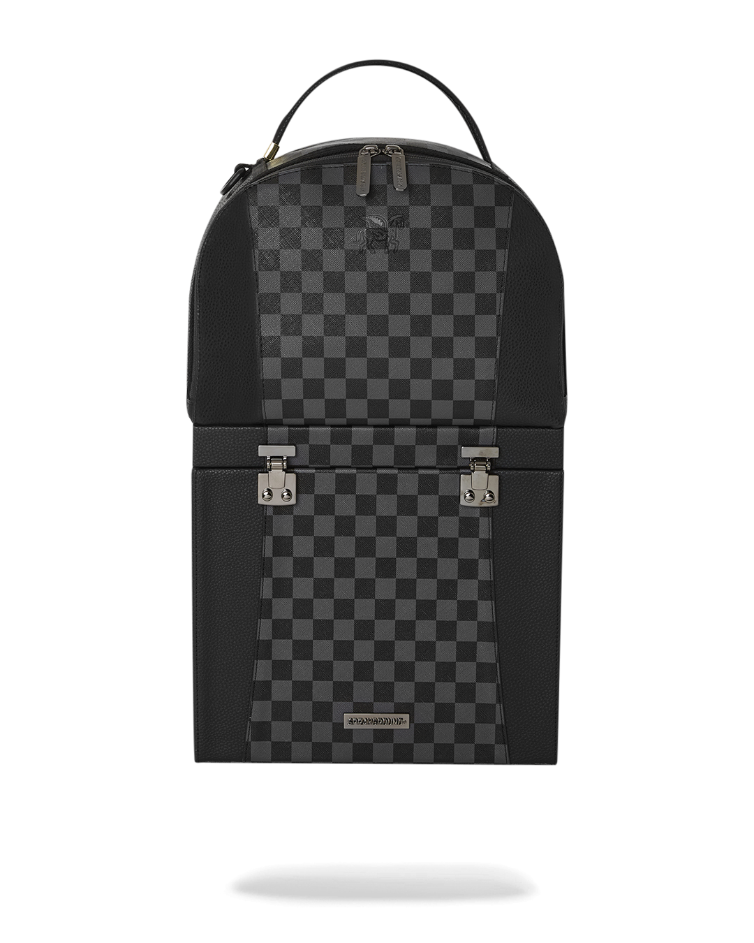 Front view of the faux leather lunch box backpack.