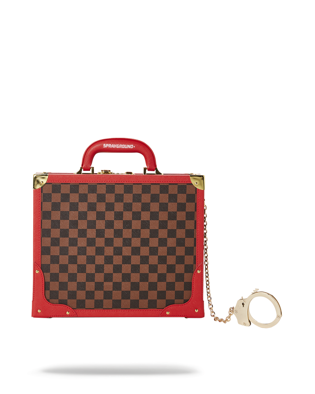 Vegan leather briefcase with gold hardware and red trims, stylish for business professionals