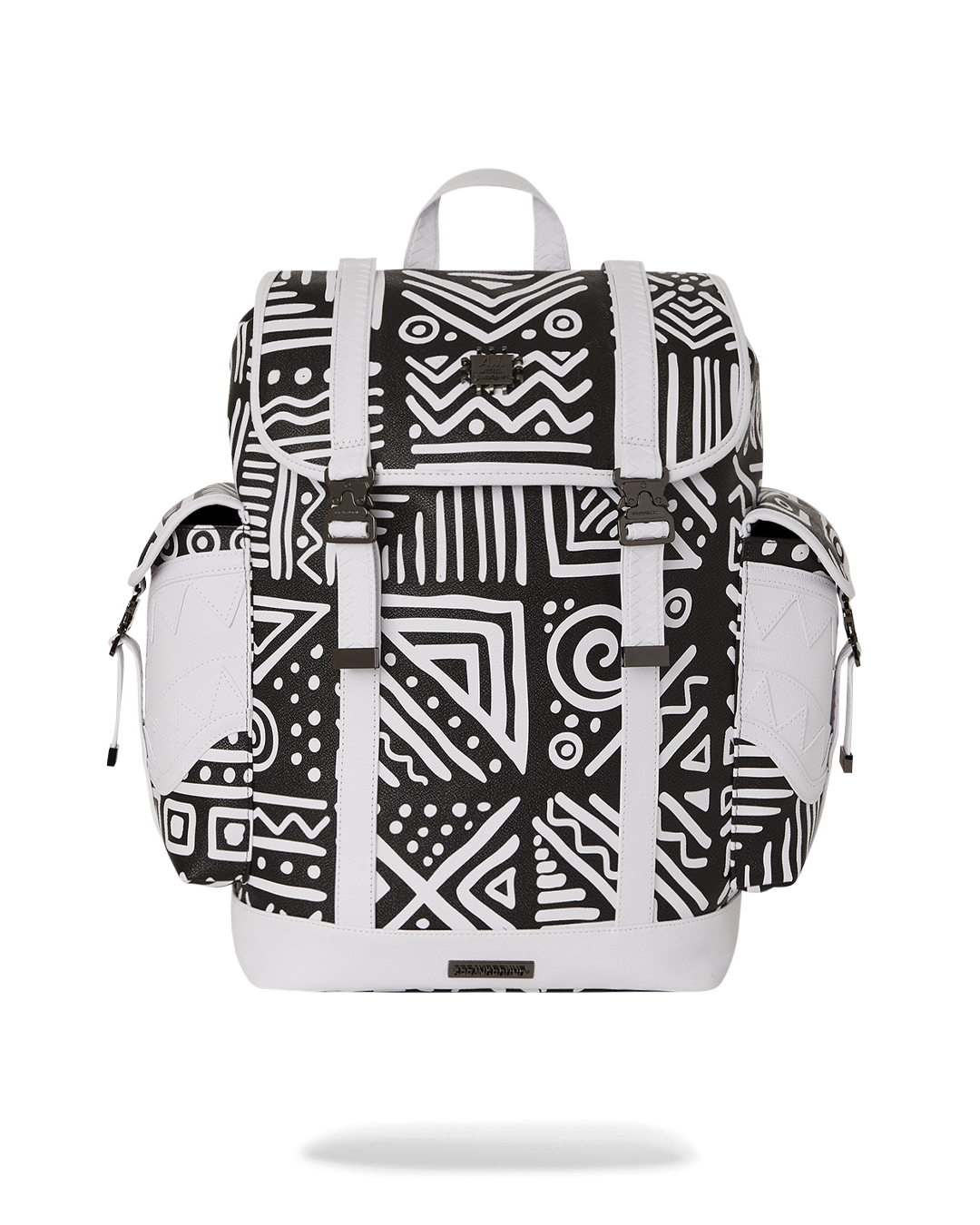 Front view of the African Intelligence vegan leather backpack showcasing its unique Ai print and gunmetal hardware.
