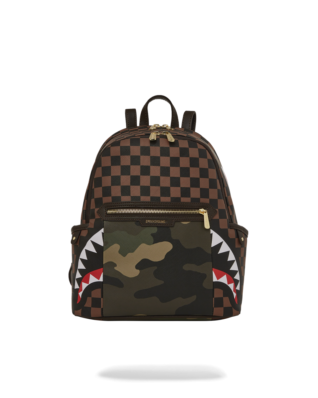 Front view of black faux leather backpack with gold zip and adjustable straps