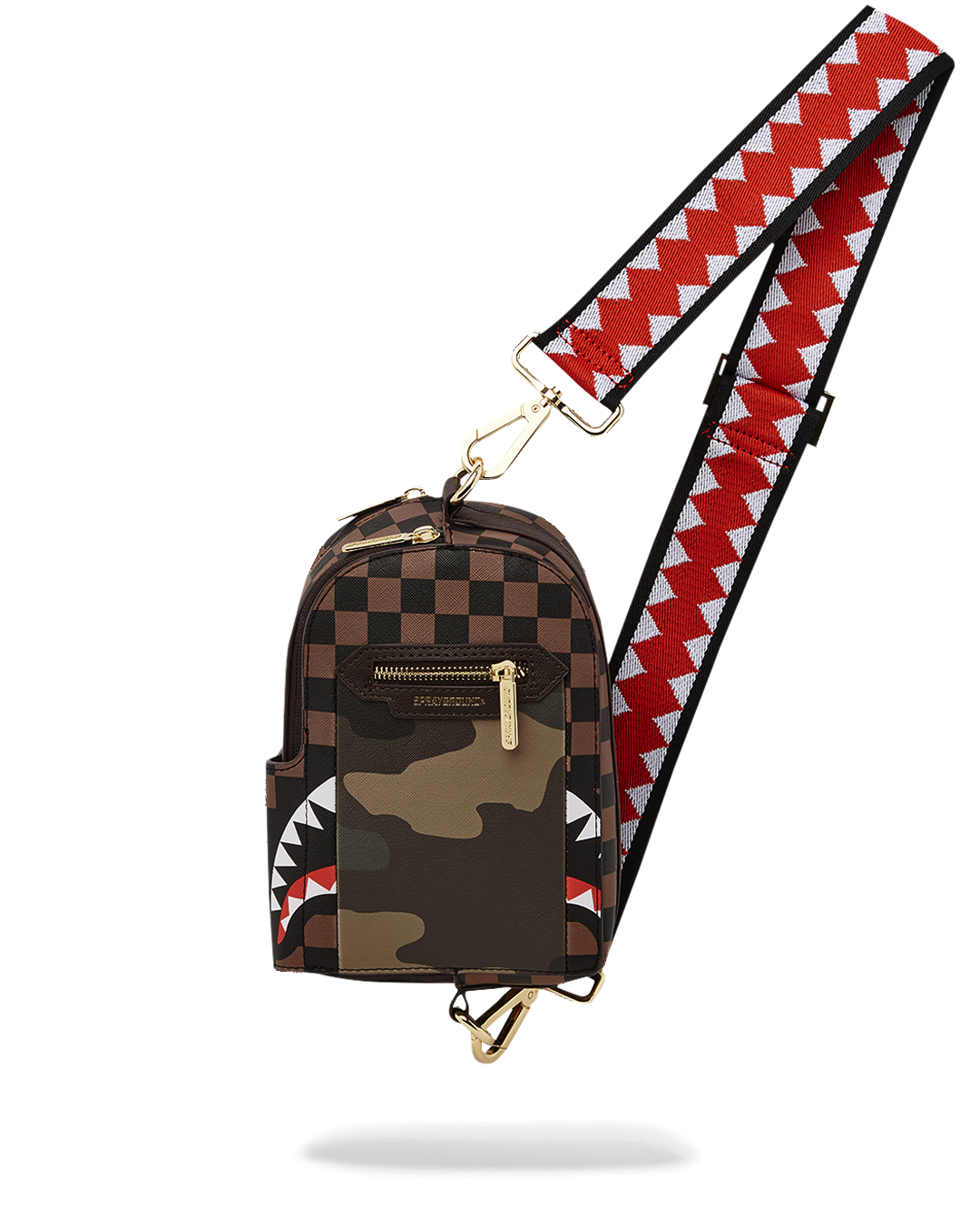 Paris Shark faux leather backpack worn crossbody with gold zipper detail