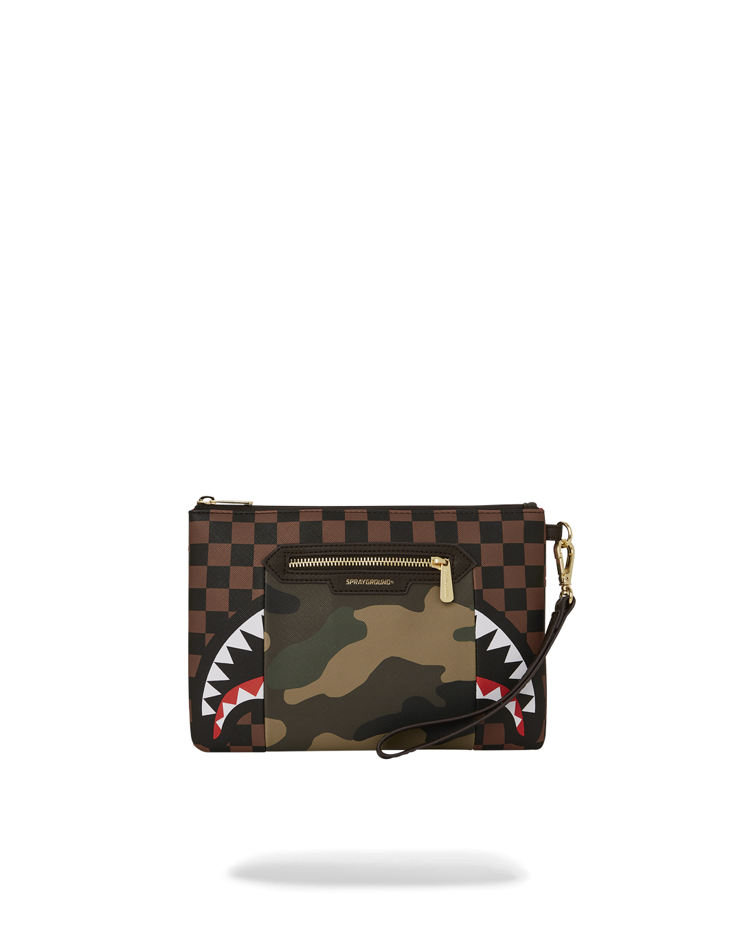 Front view of the faux leather clutch with gold zip closure