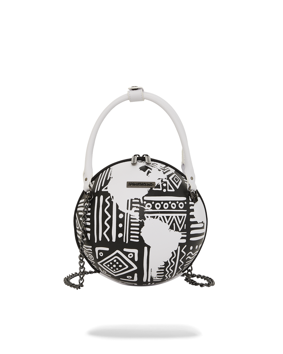 Convertible globe shoulder bag with world map design, showcasing its unique saffiano fabric and cognac pebble fabric details.