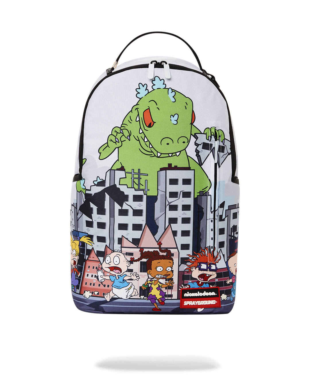 Front view of Rugrats Reptar Smash Sprayground backpack with pink accents