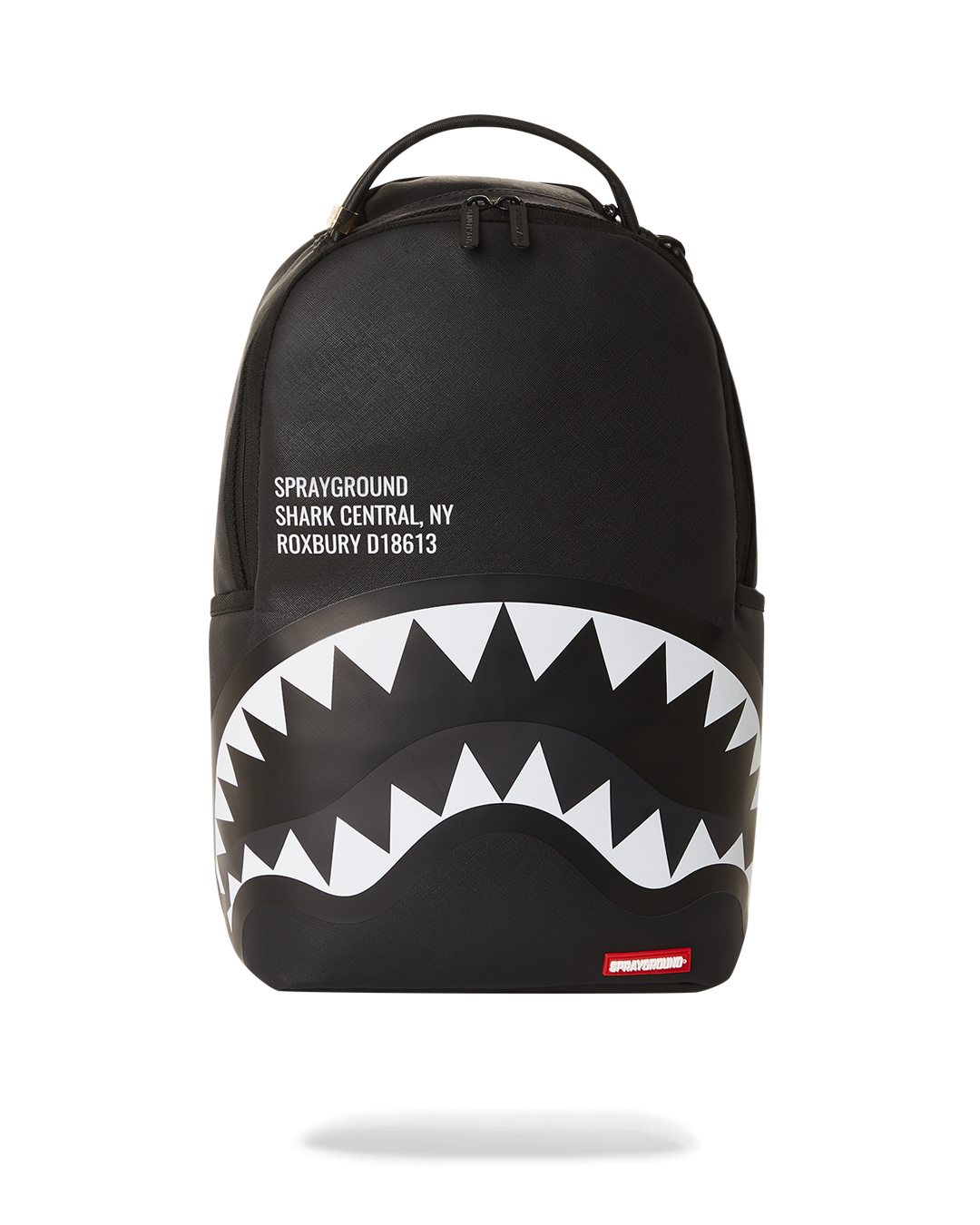 Front view of Shark Central faux leather backpack showcasing storage features.