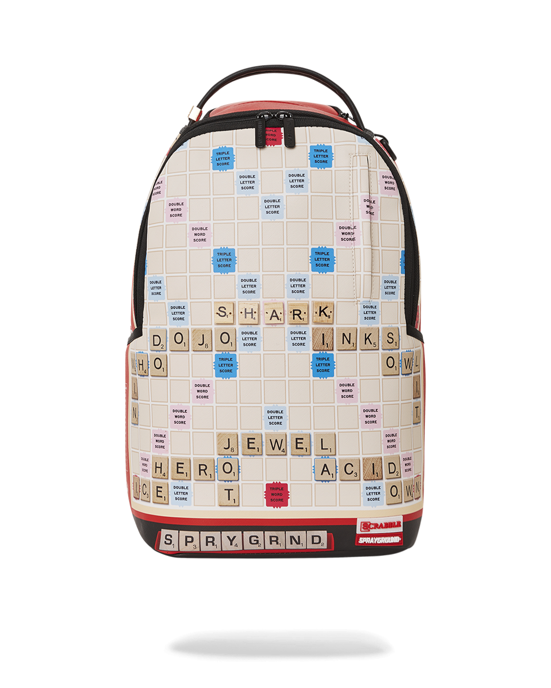 Faux Leather Scrabble Shark Backpack showcasing front view with gold zippers.