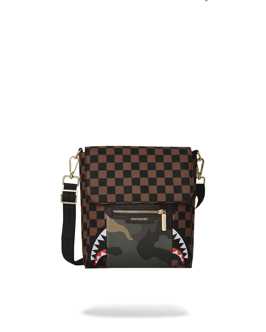 Front view of sling bag with gold zipper detail sitting on café table