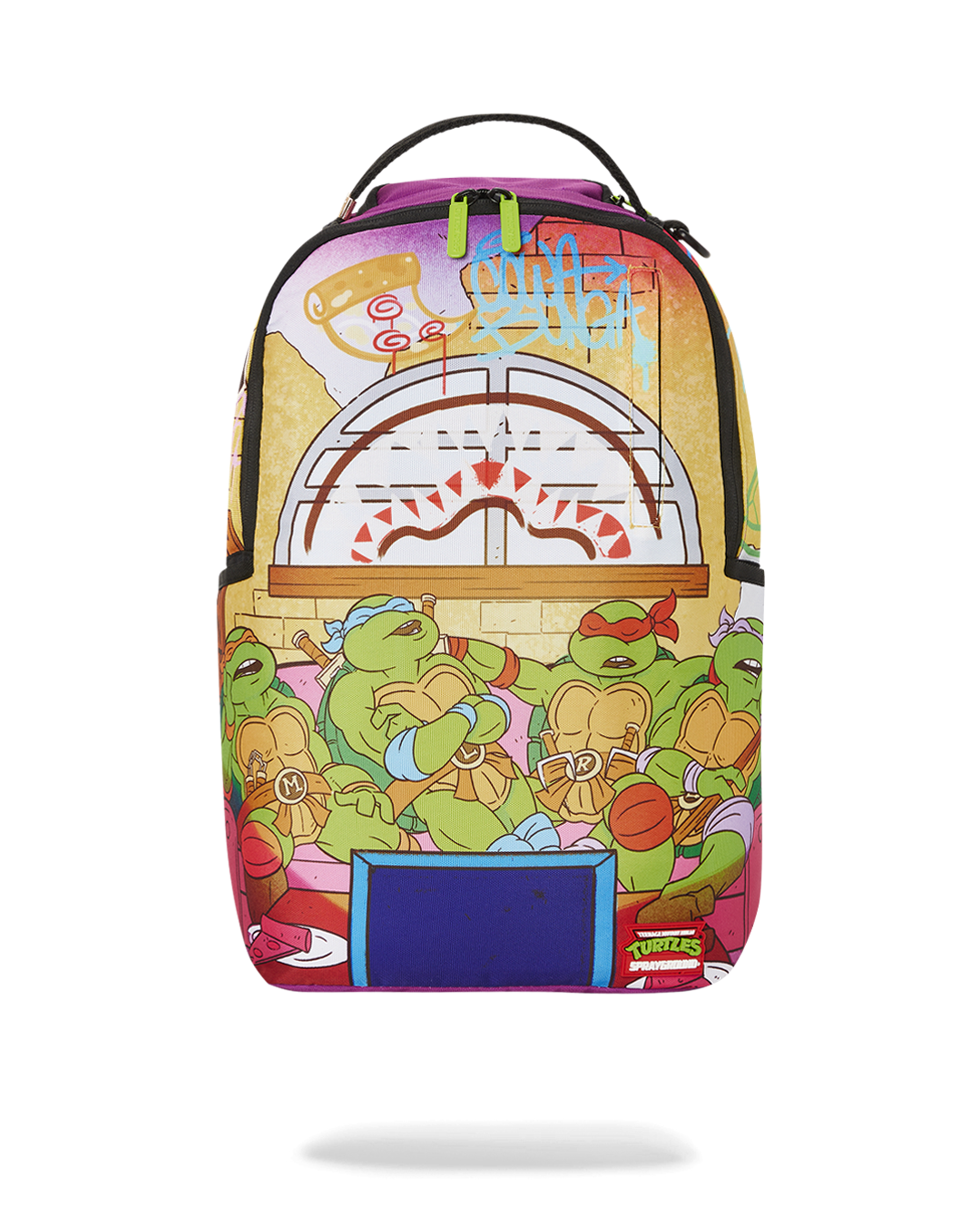 Side view of the backpack showcasing gold zippers and ergonomic straps.