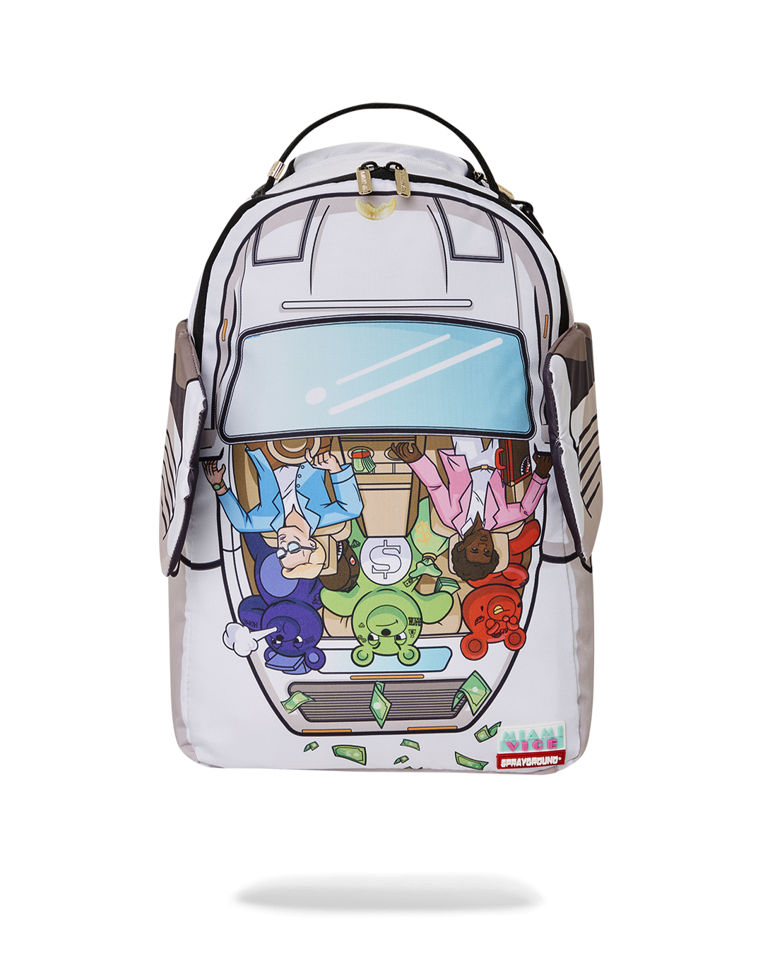 Front view of Miami Vice Wings Up faux leather backpack with gold zippers