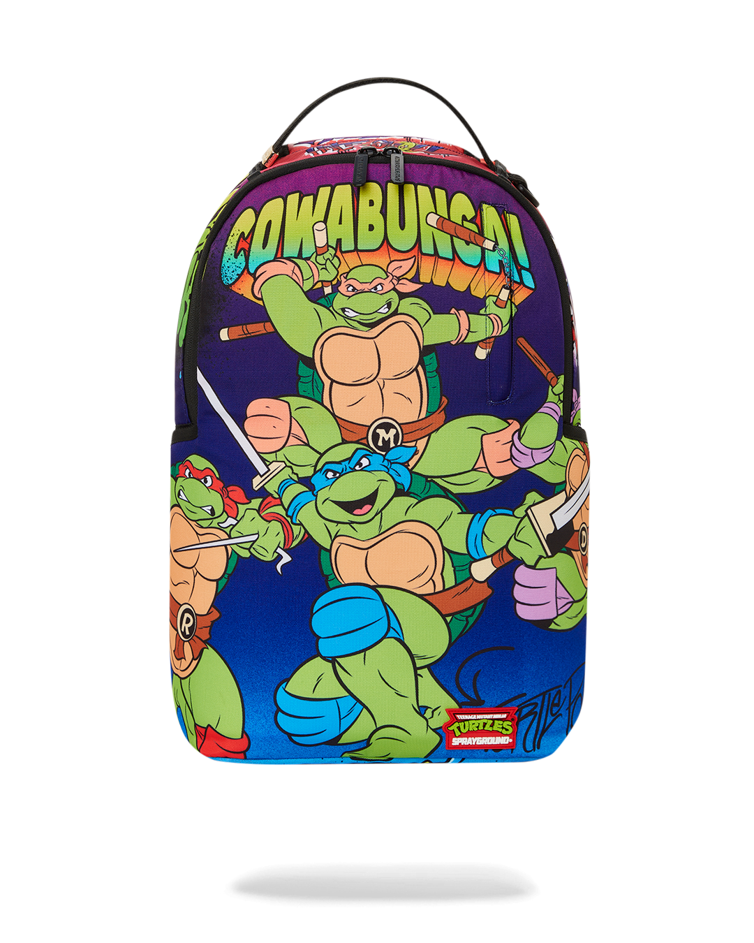 Front view of Sprayground TMNT backpack showing Attack Mode graphic and gold zippers