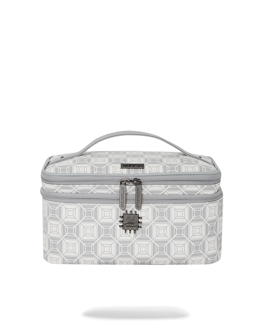 African Intelligence cosmetic train case open, showing multiple pouches and pockets