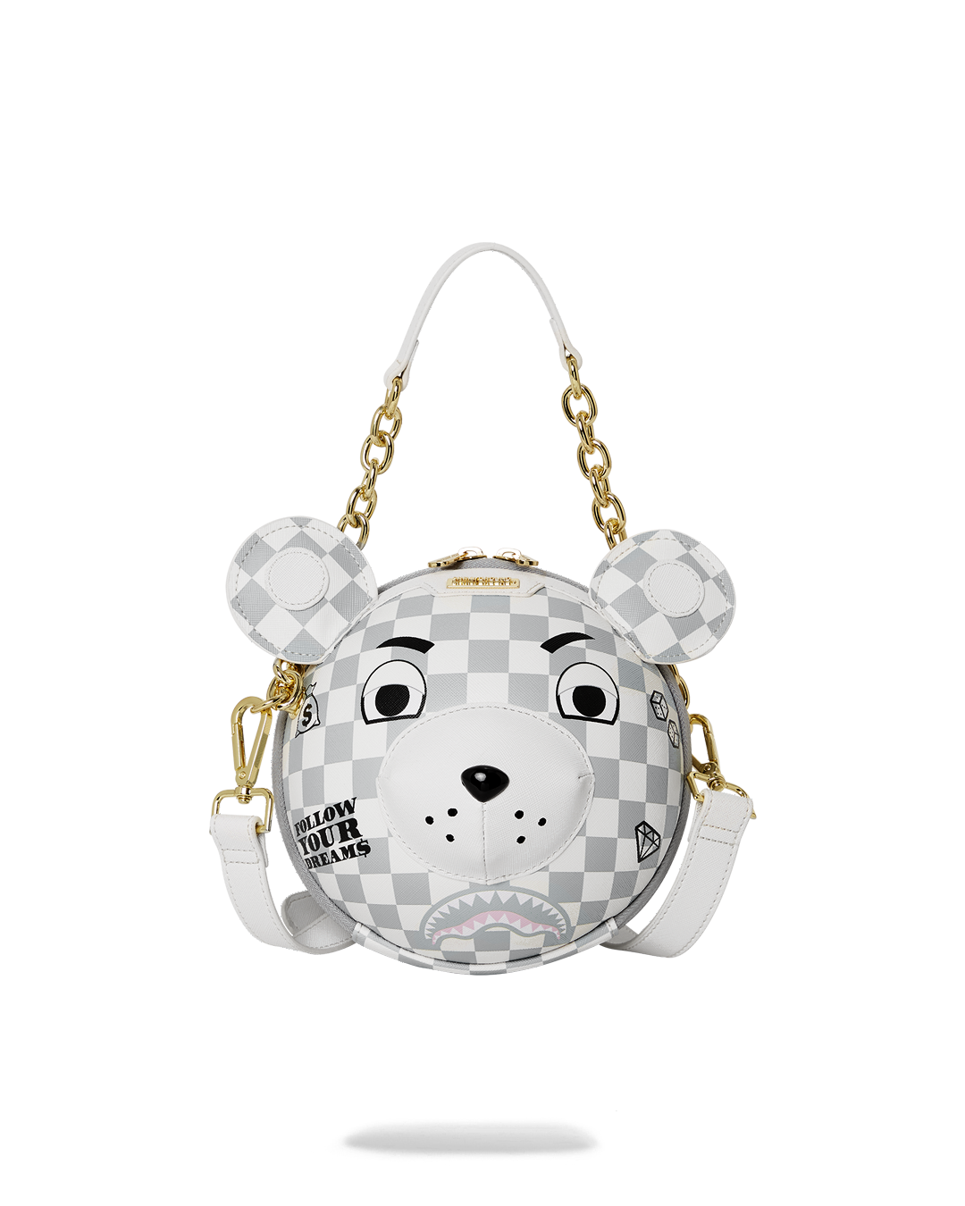 Close-up of the Haute Bear sling bag's bear ear details