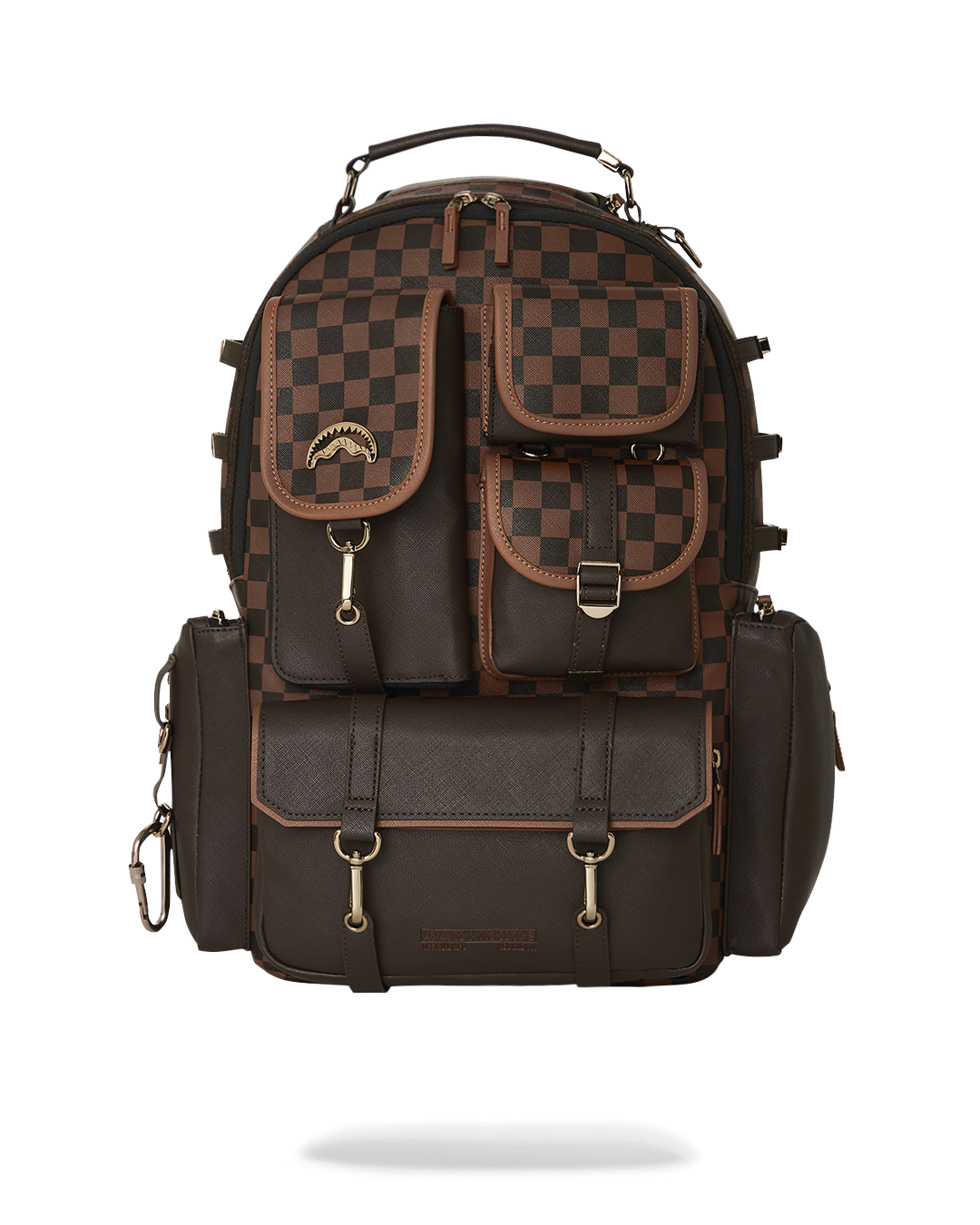 Checkmate Royale backpack in faux leather, featuring gold zippers and side pockets