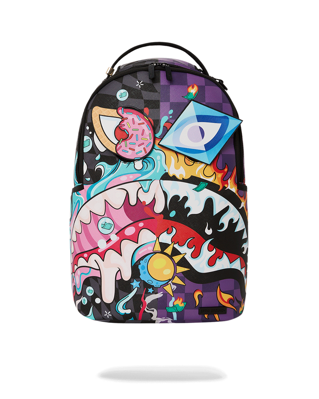 Front view of MAD SCIENTIST BACKPACK with all six eye patches displayed