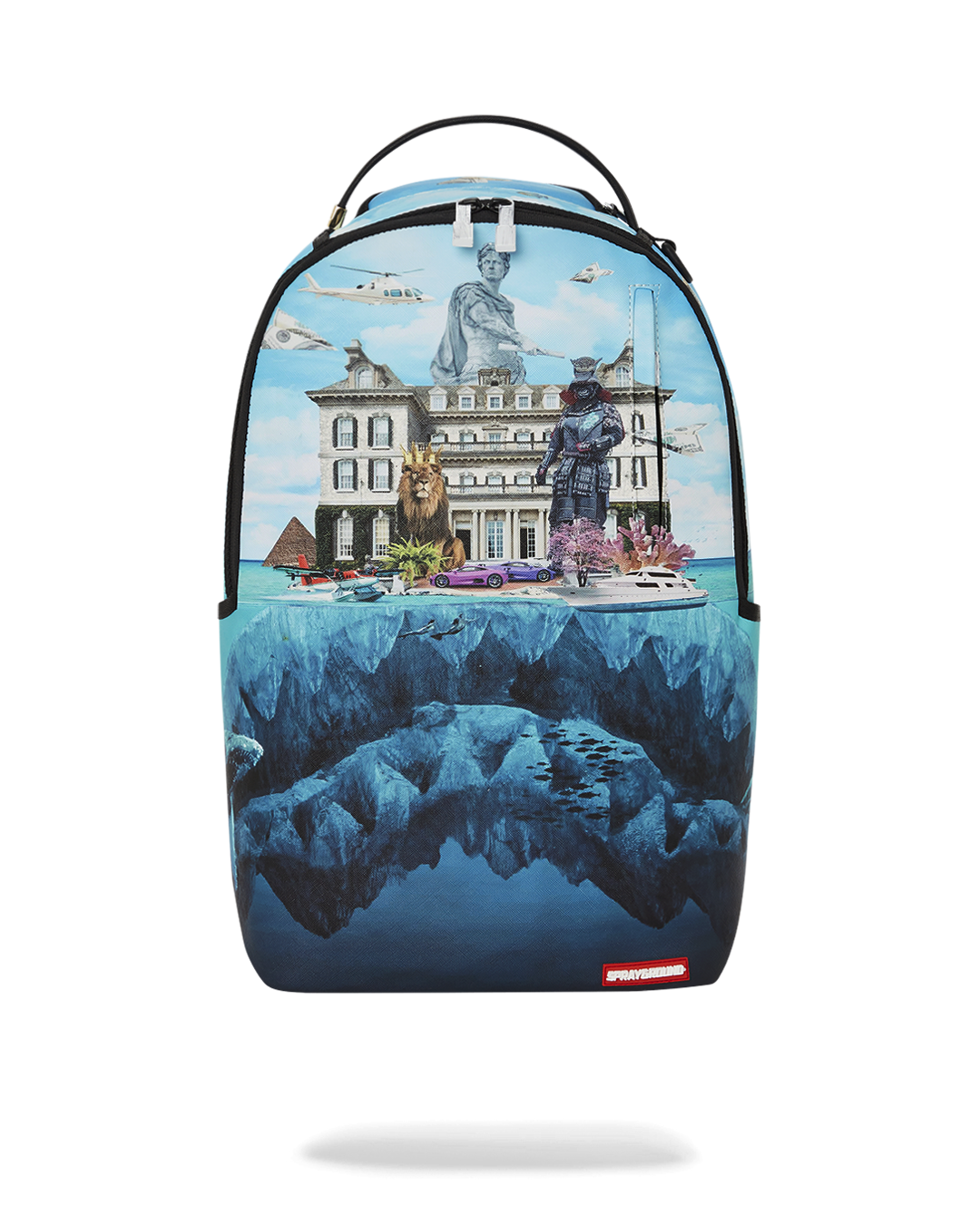 Front view of the faux leather designer backpack with gold hardware