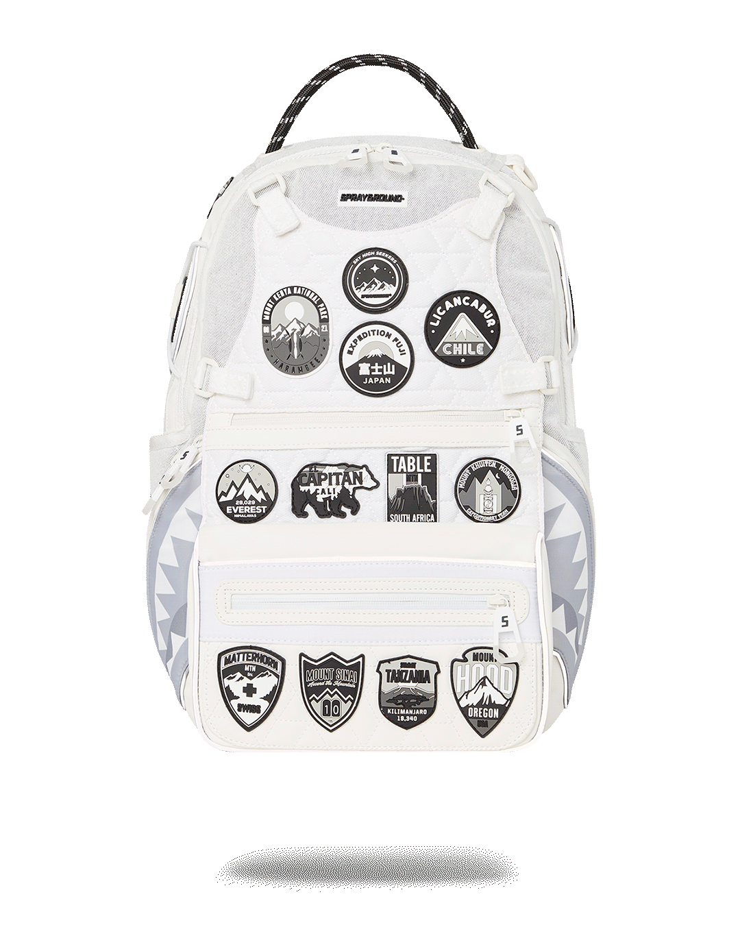 SummitQuest Expedition Backpack with 22 mountain patches, perfect for travel and adventure