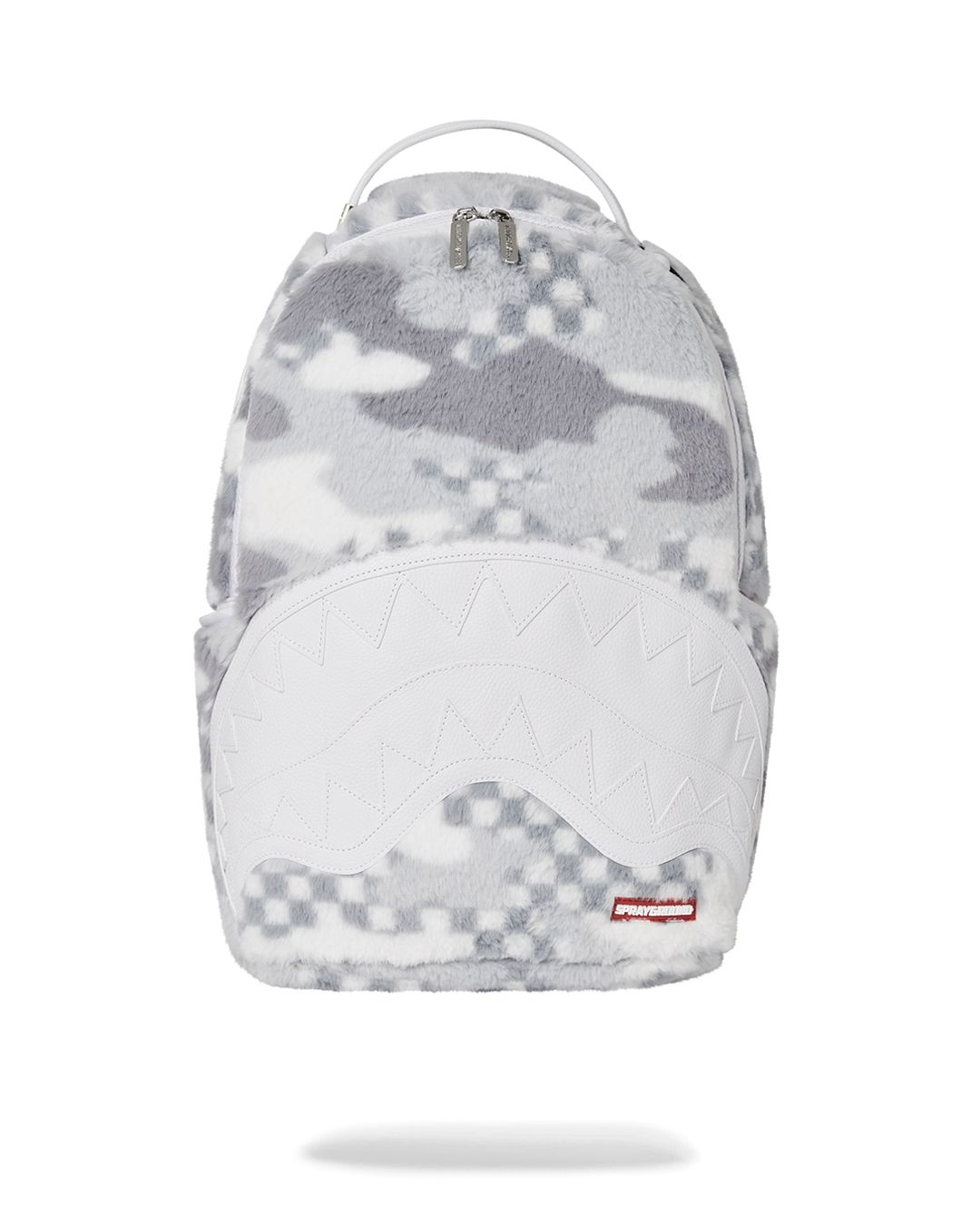 Front angle showing plush camo fabric and Swiss Alps patch on backpack