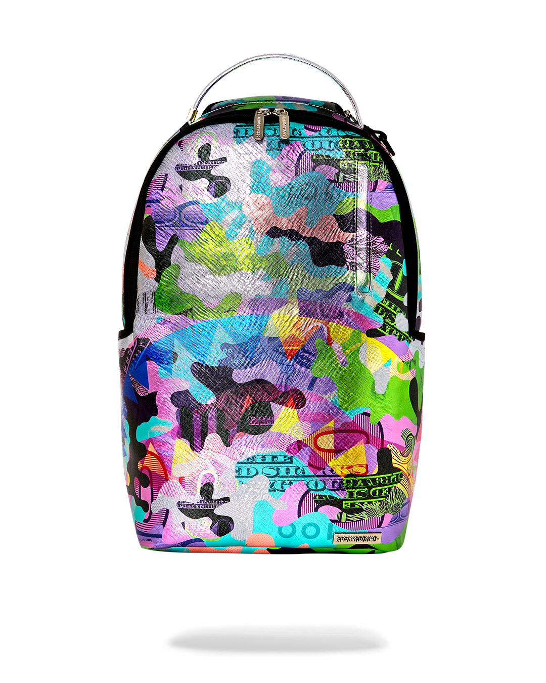 Front view of the Heavy Rhythm leather laptop backpack with reflective faux leather finish