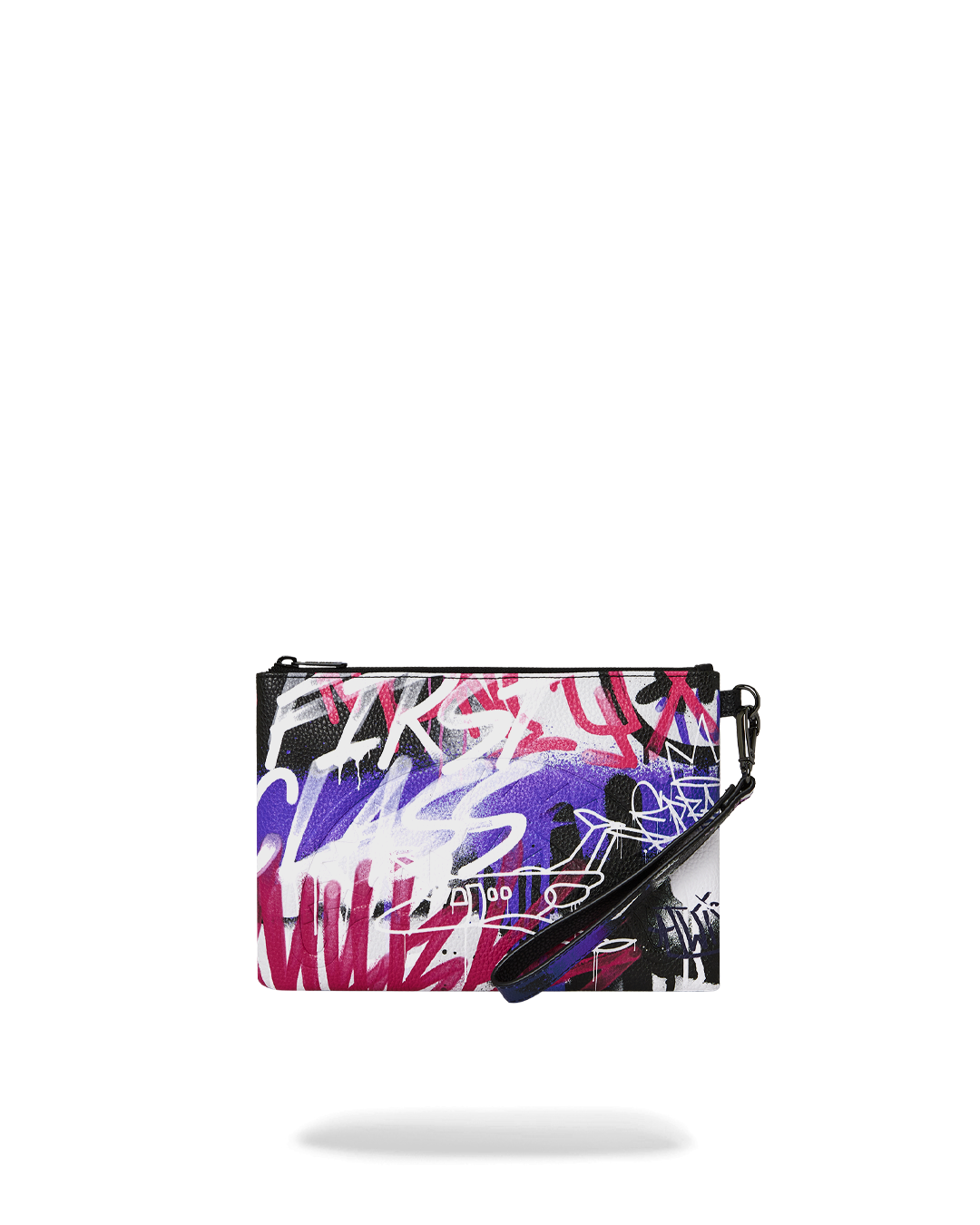 Front view of the black crossbody bag with wristlet strap displayed on marble surface.