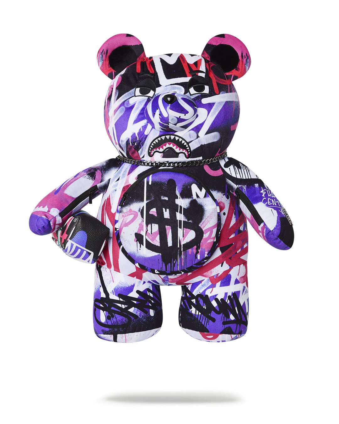 Sprayground teddy bear backpack limited edition worn casually in an urban setting