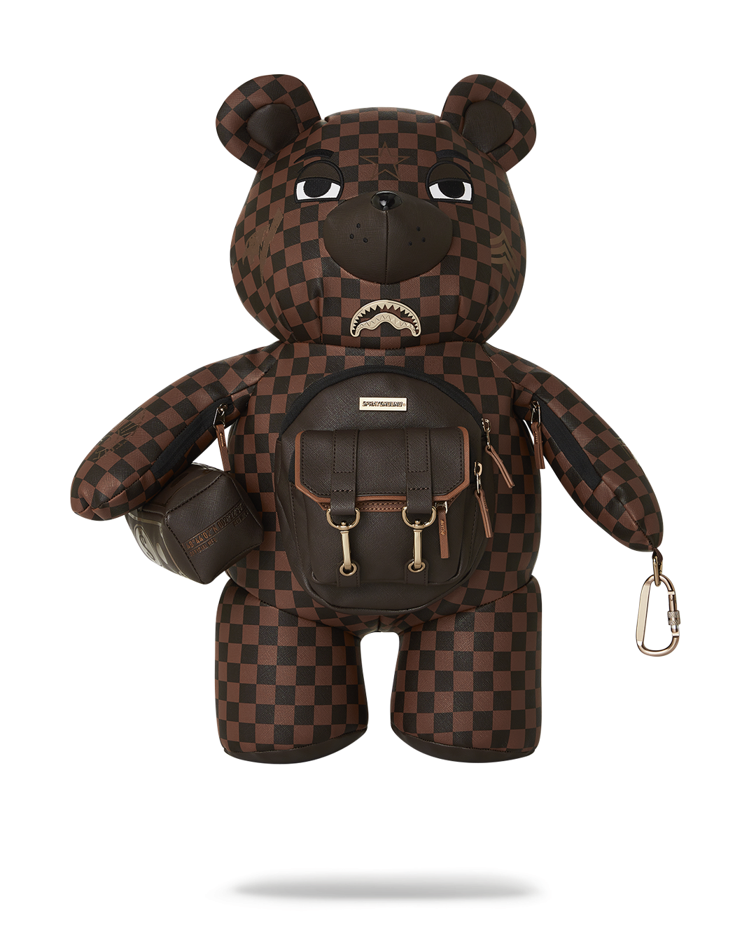 Front view of black tactical teddy bear backpack with patches