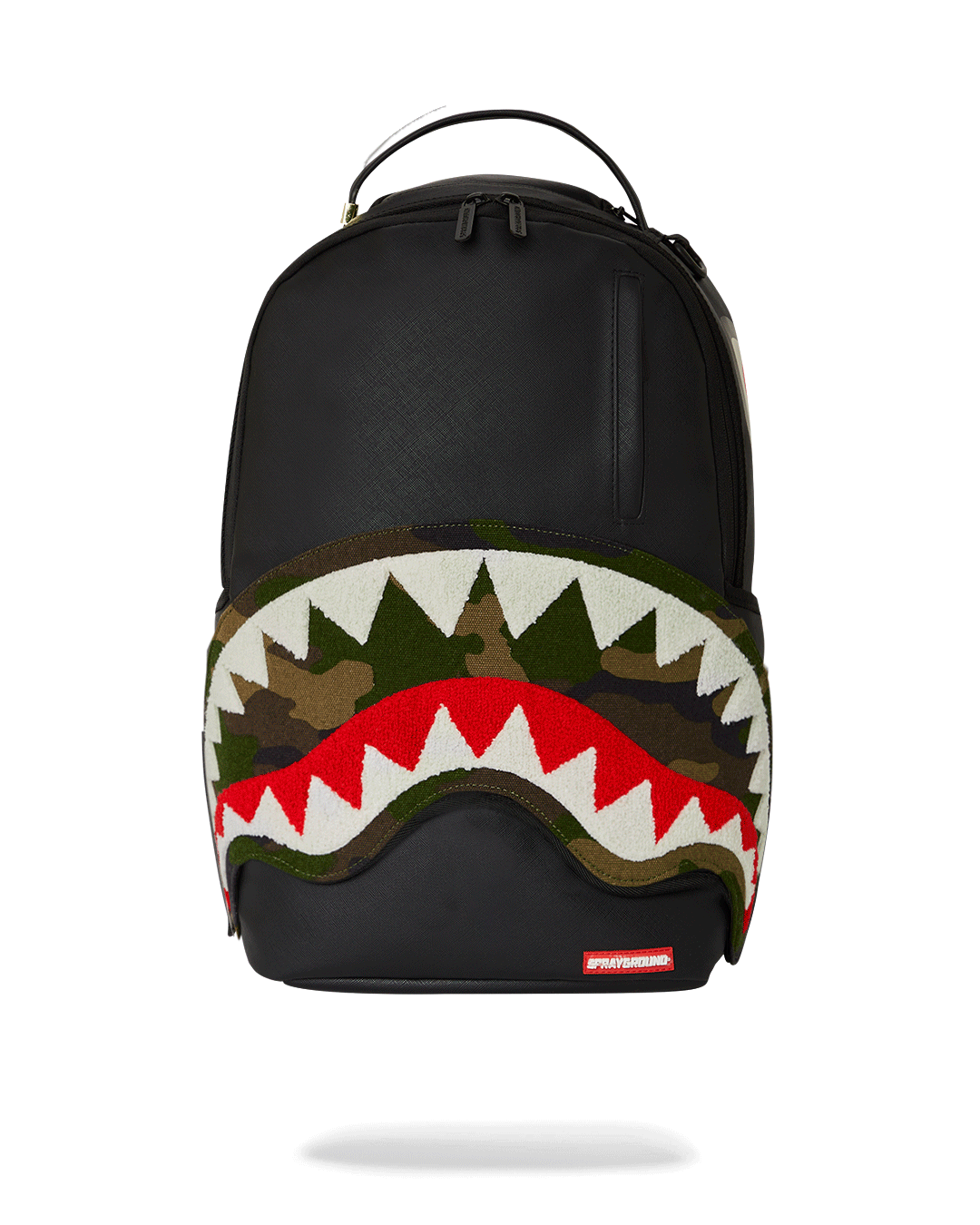 Shark Adventure Backpack featuring a Camo design in a playful outdoor setting.