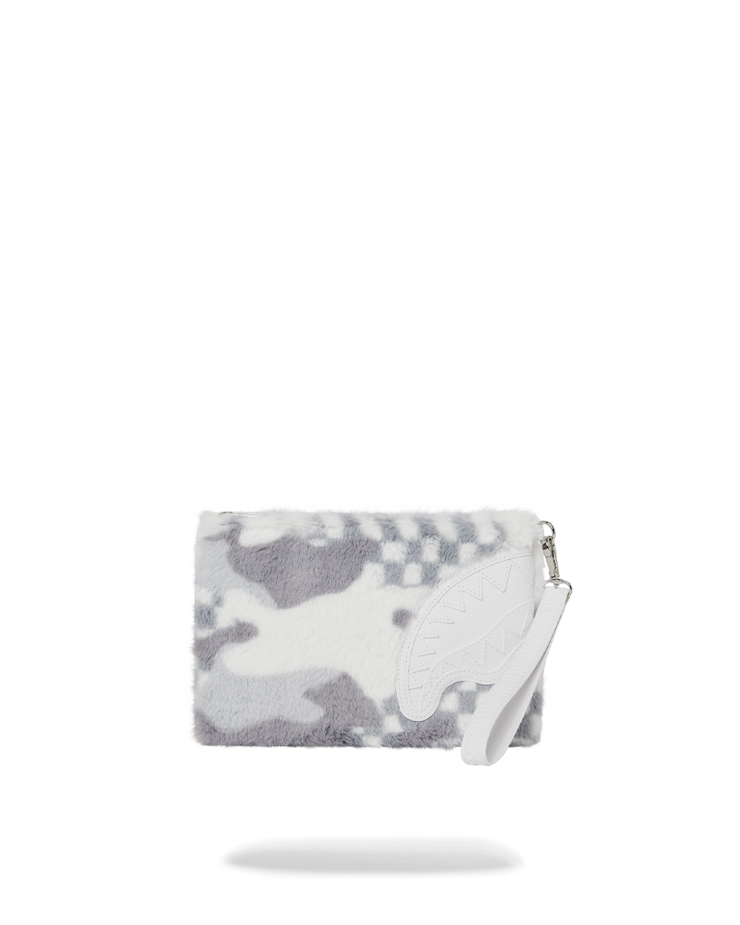Side view of black crossbody bag with plush camo print on faux leather