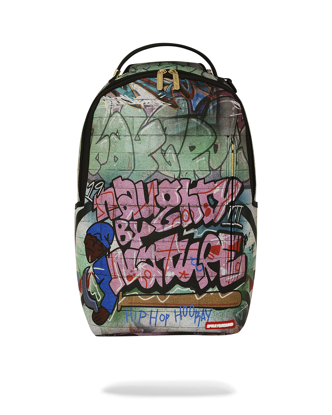 Front view of the Naughty By Nature limited edition backpack with hip hop design.