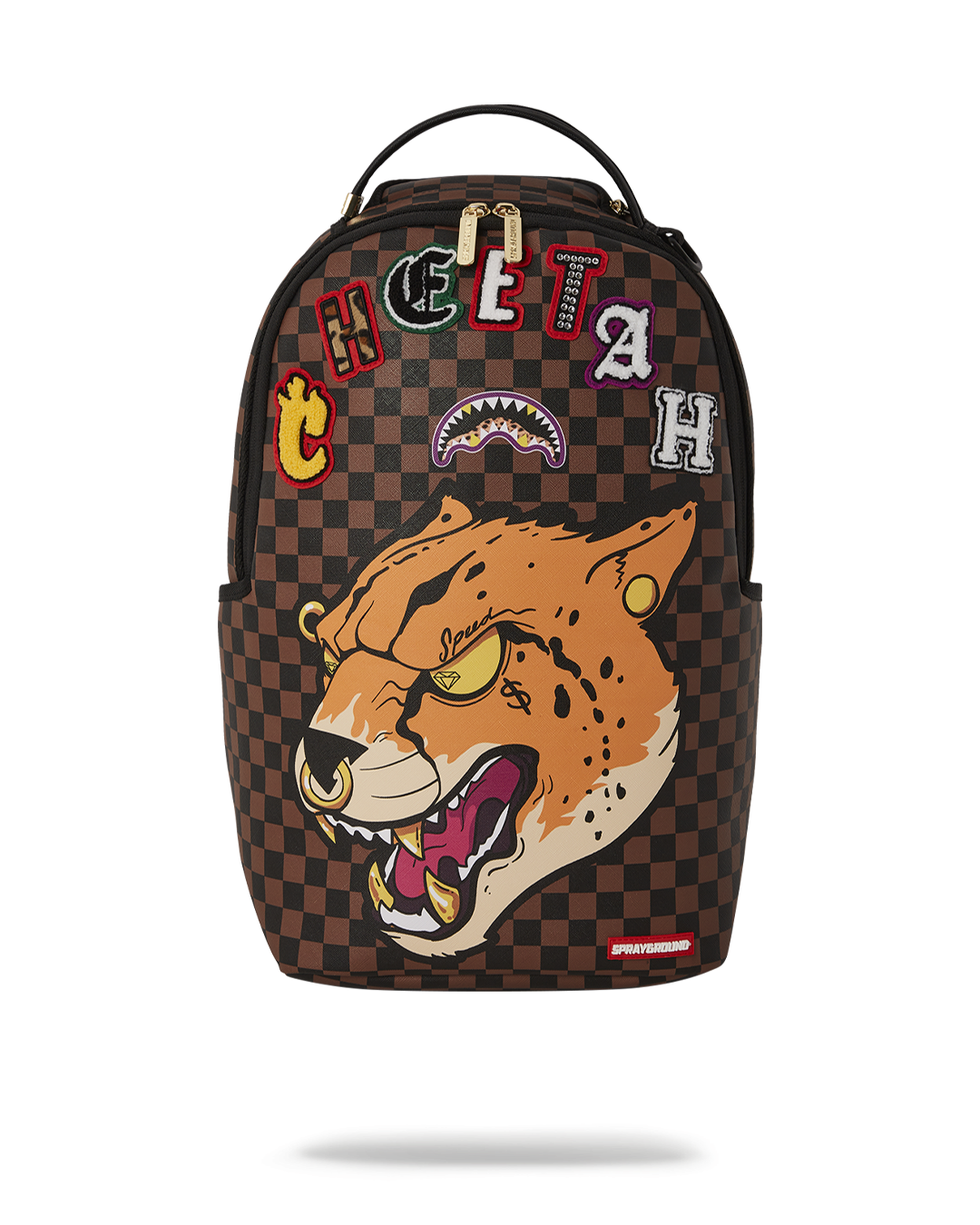 Front view of Tyreek Hill backpack showing cheetah print and zippered pockets