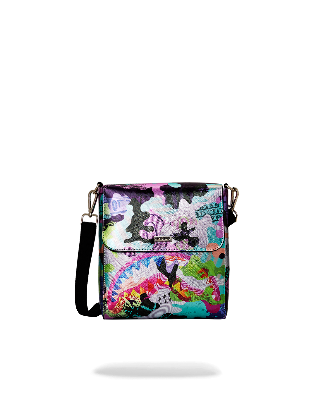 Close-up of faux leather sling bag's metallic texture and zipper detail