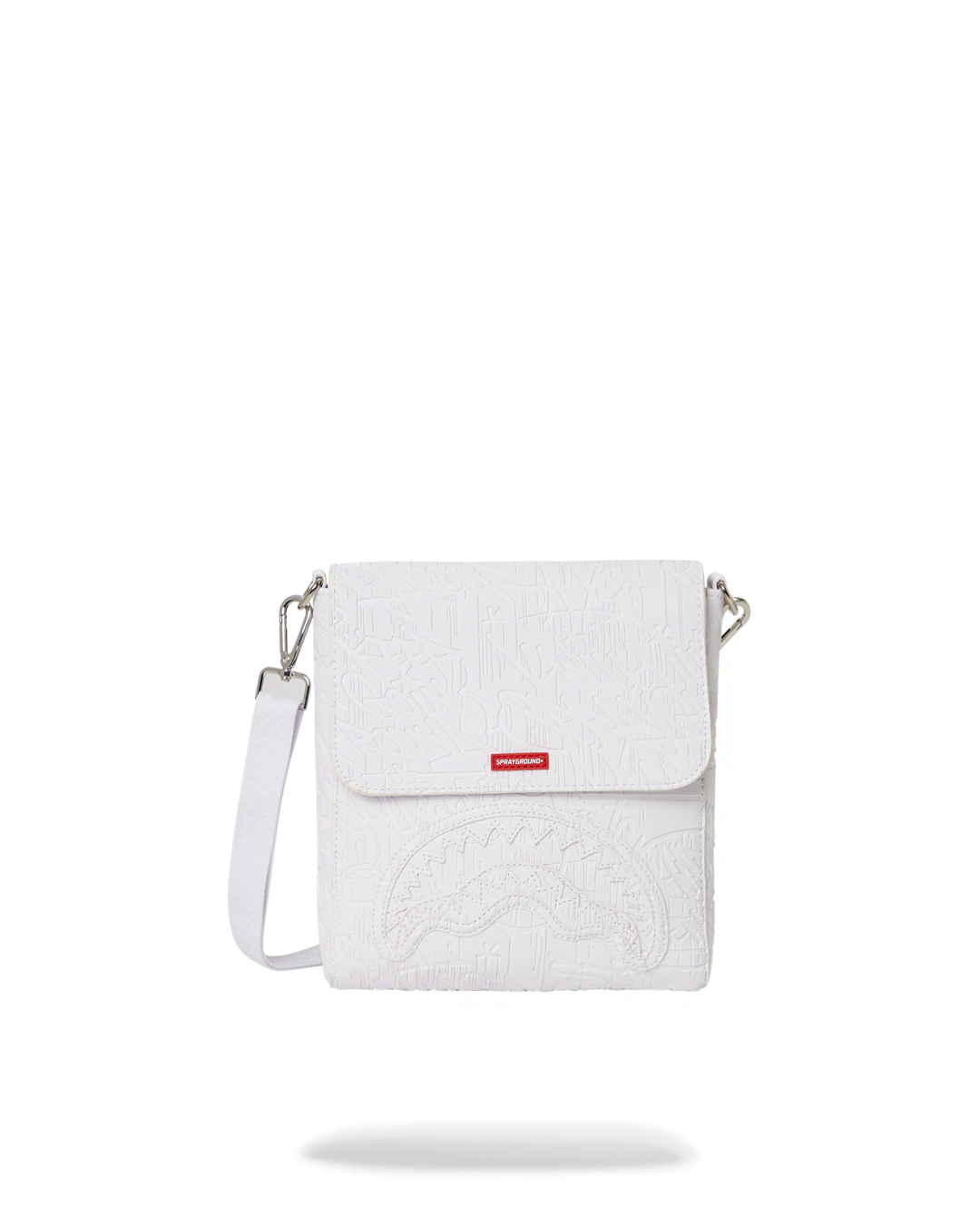 Close-up of graffiti pattern on the PVC sling bag for men