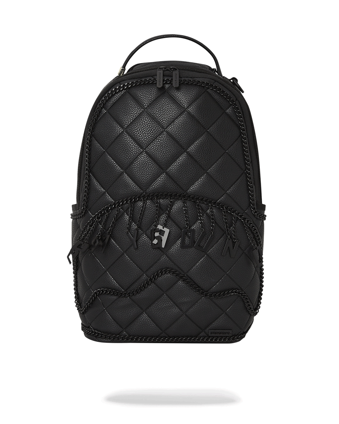 Front view of Urban Shadow faux leather backpack with chain hardware.