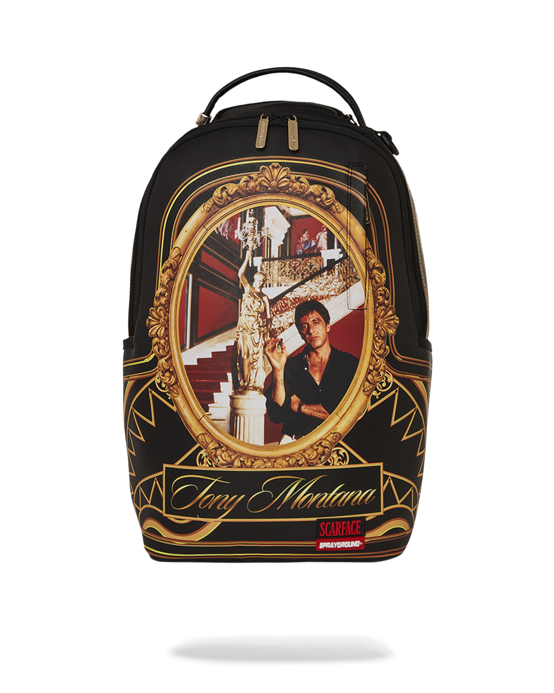 Front view of the Sprayground Scarface faux leather backpack showcasing its stylish design.