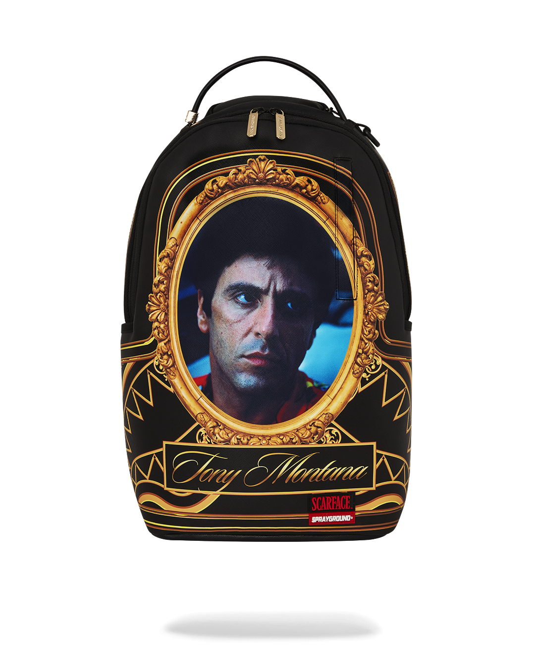 Scarface backpack angled shot showing gold zippers and side pockets.