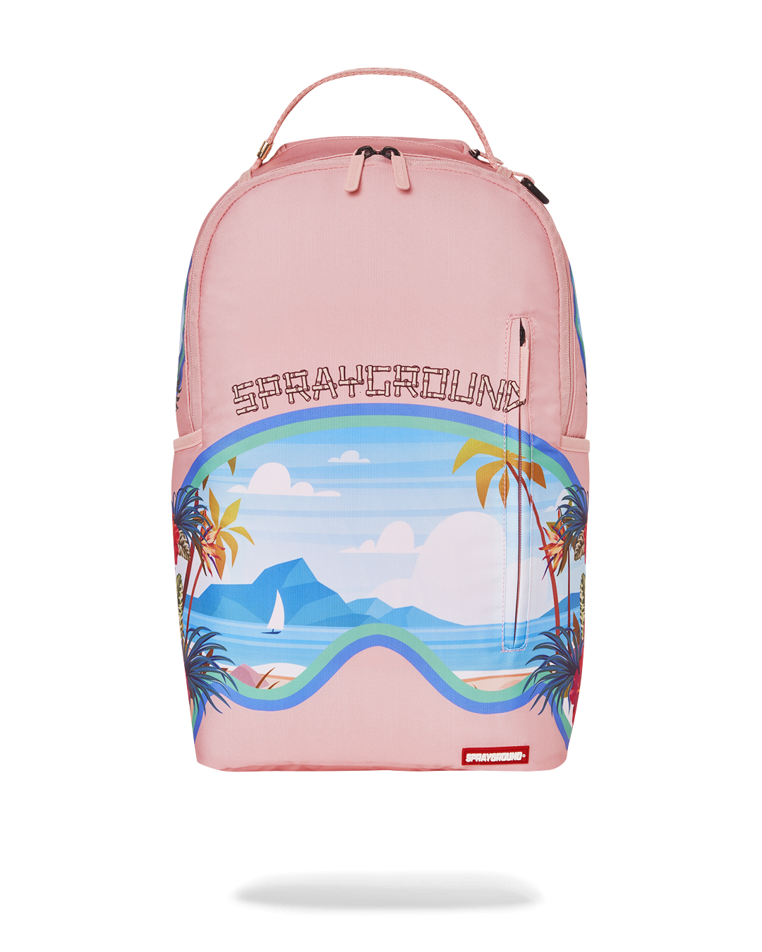 Sprayground Bora Bora Shark Island Villa backpack with front zipper pocket