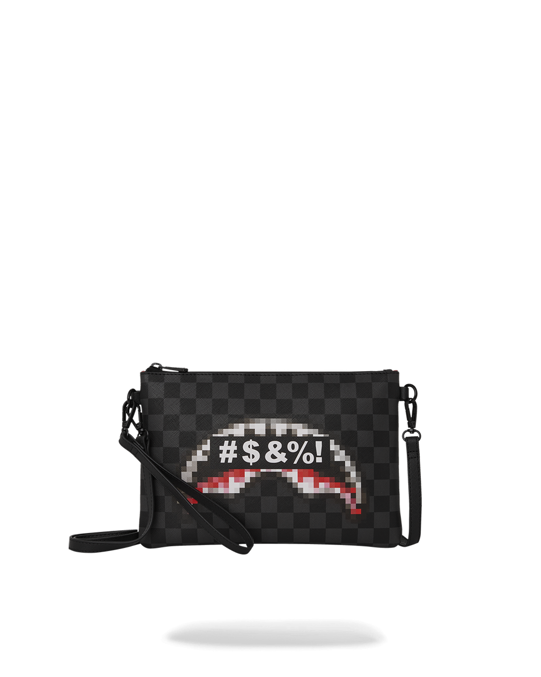 Close-up of the shark crossover clutch with handle and zipper detail