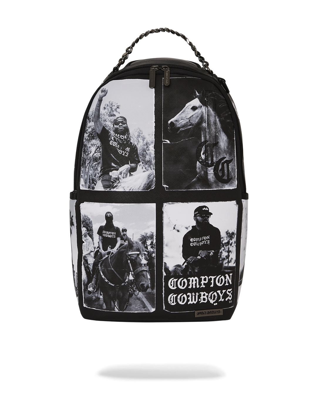 Front view of the traveler's backpack with gold zippers and front storage