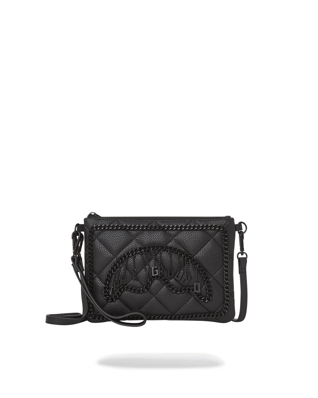 Front view of Shadow Crossover faux leather clutch showcasing chain details.