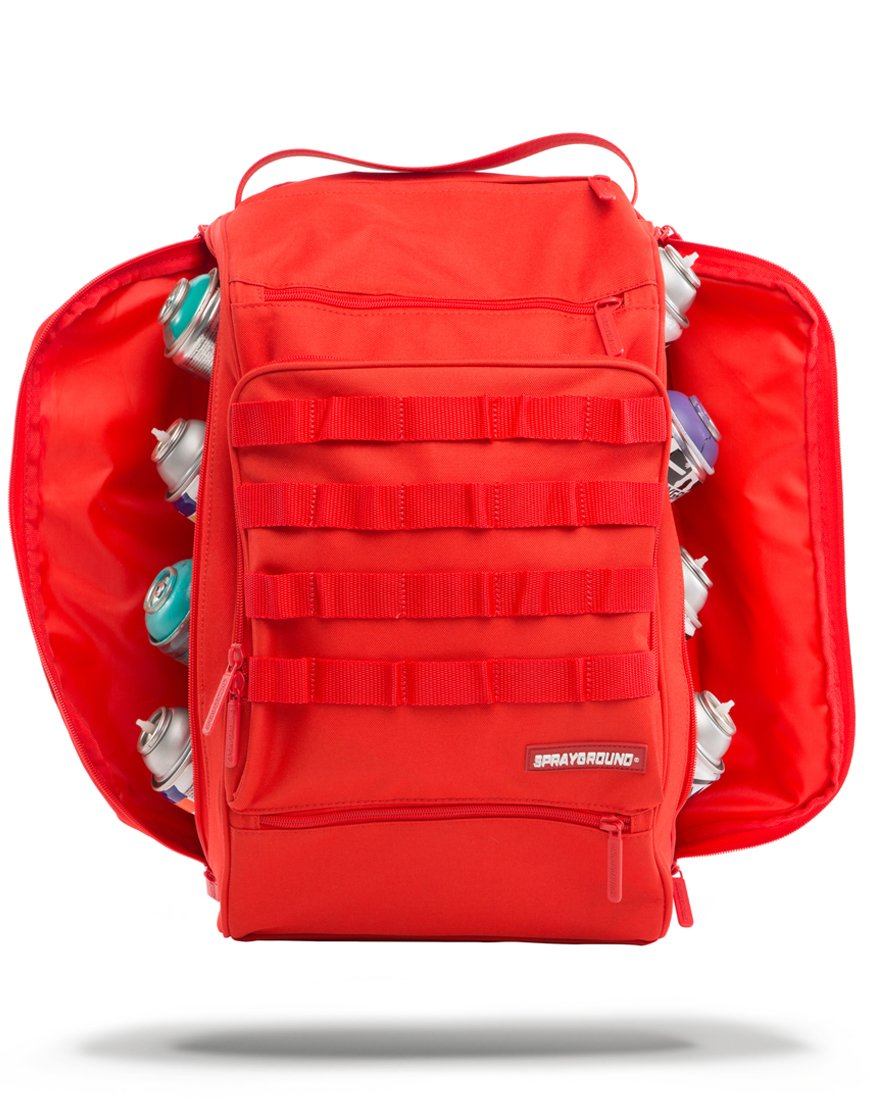 Front view of the Urban Artistry graffiti utility backpack showcasing angled canister slots.