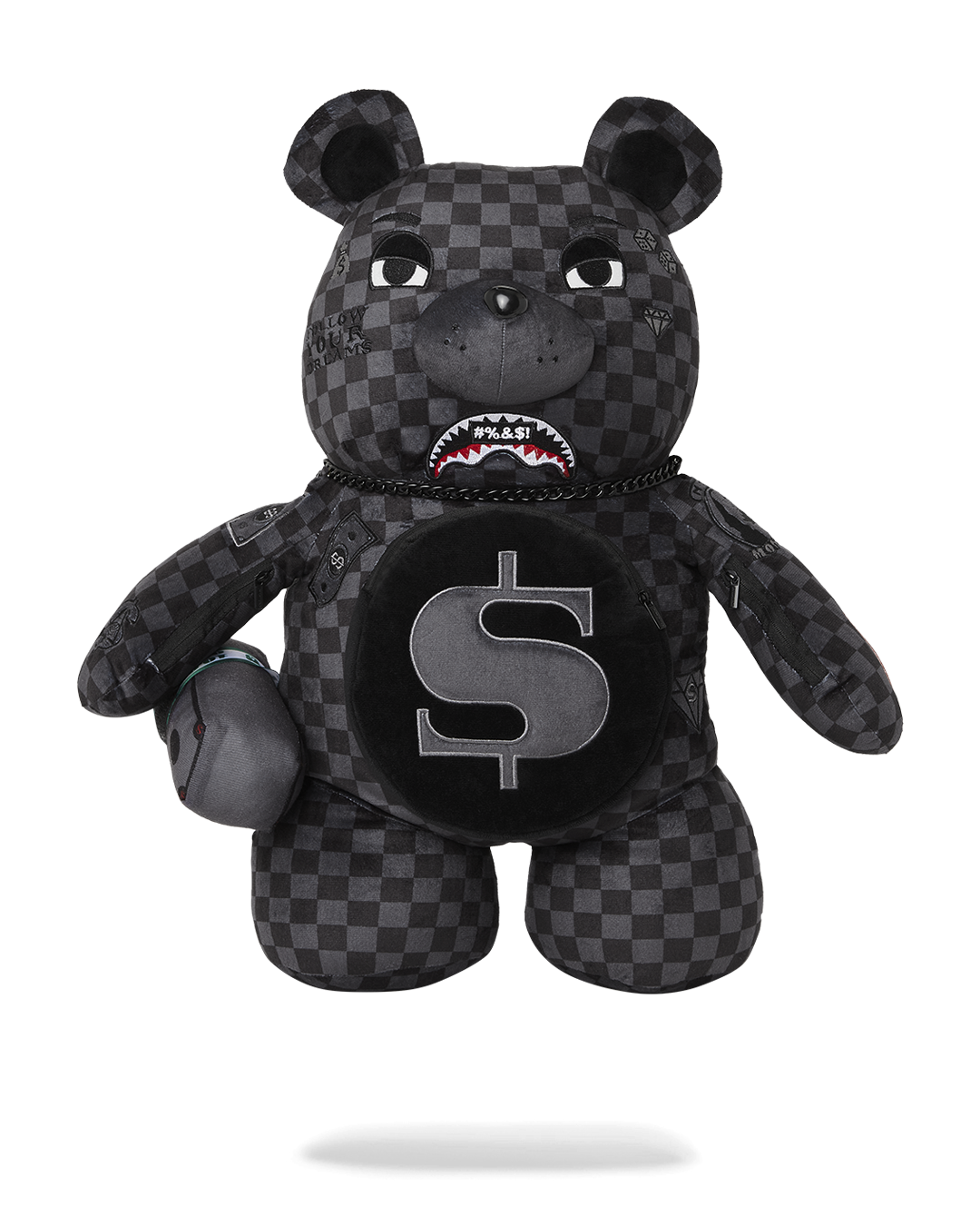 Front angle of sprayground teddy bear backpack featuring zippered belly and arm pockets.