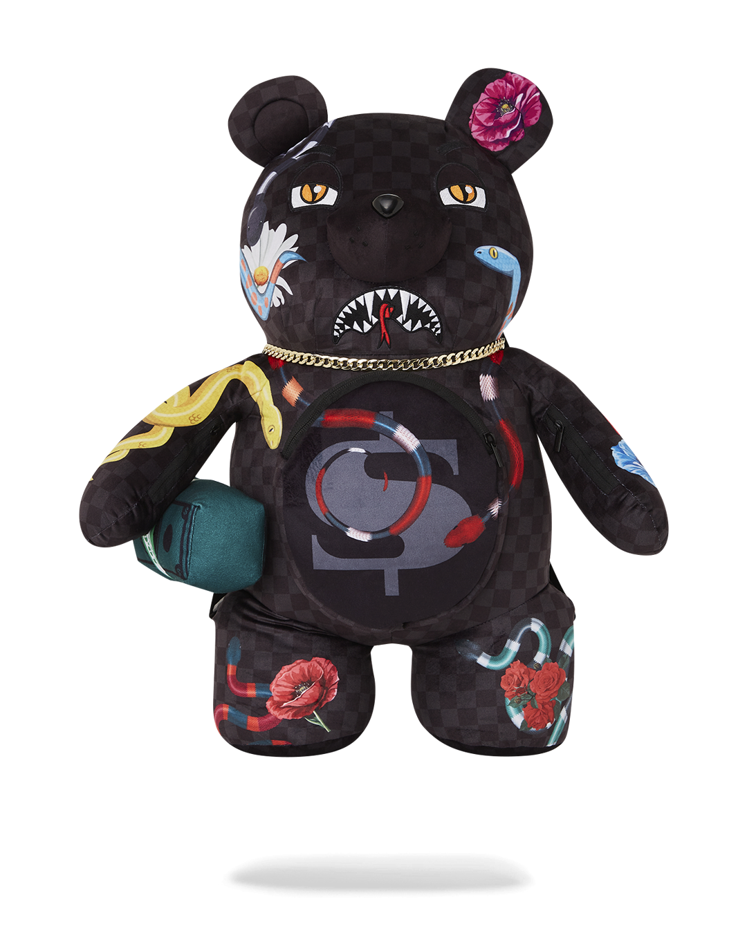 Front view of the sprayground teddy bear backpack with logo and zippered pockets