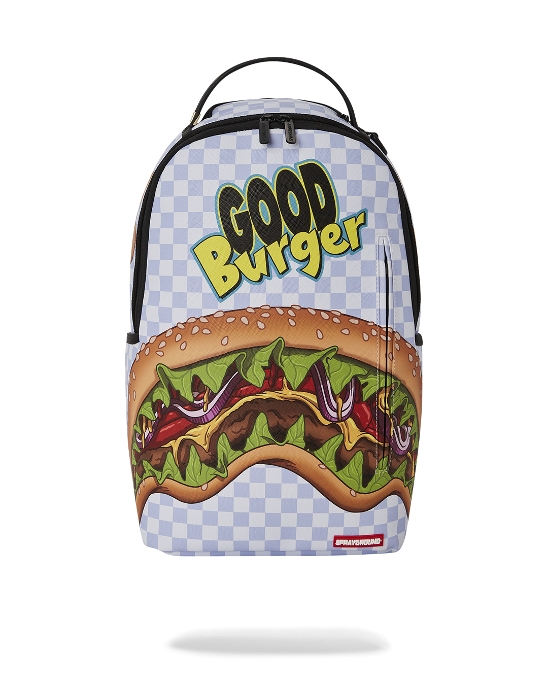 Good Burger backpack worn over a denim jacket, showing side pockets and laptop compartment