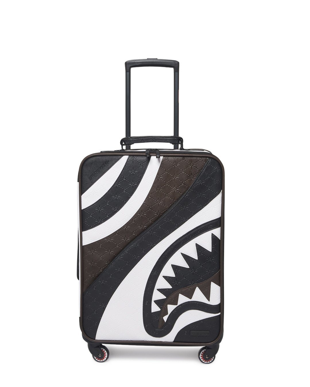 Front angle of vegan leather spinner suitcase carry on with telescopic handle extended