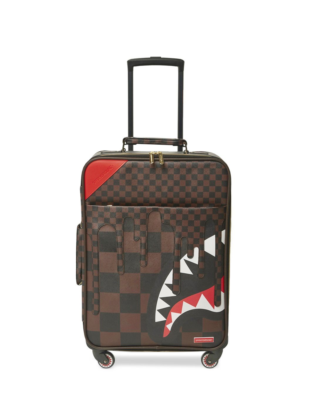 Front angle of jetsetter luggage showing shark-print and telescopic handle