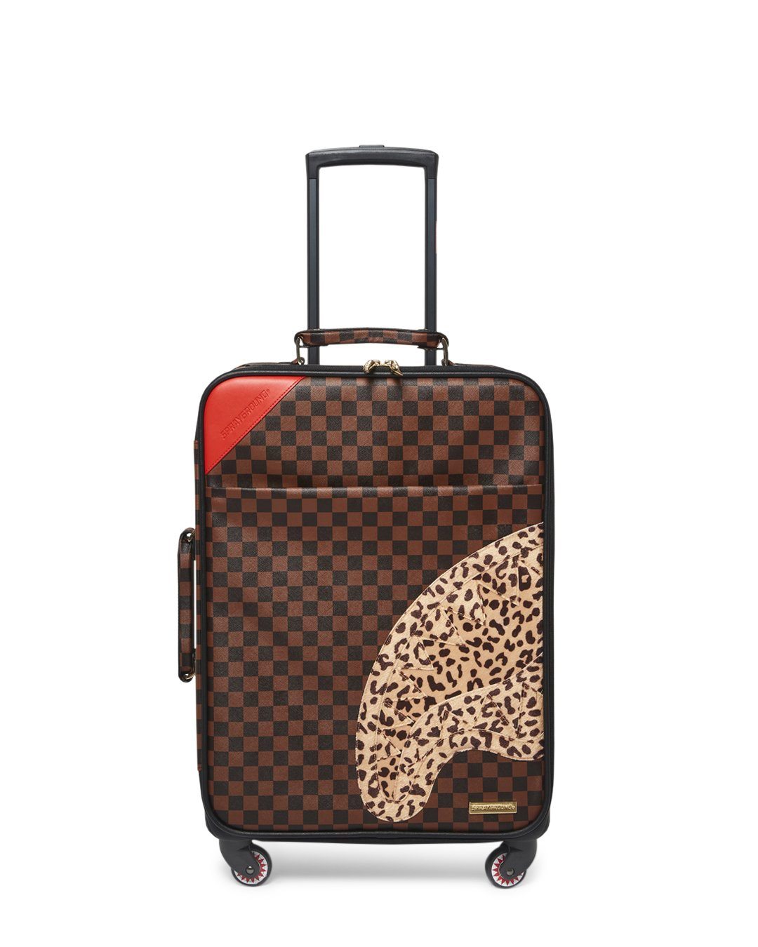 Vegan leather spinner suitcase with a sleek exterior and four wheels for easy mobility