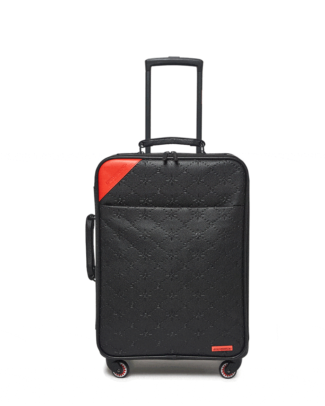 Vegan leather suitcase with embossed sprayburst pattern and spinner wheels for easy travel.